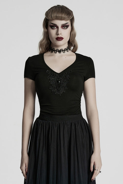 Black Short Sleeves Jacquard Floral Embroidery Women's Gothic Blouse