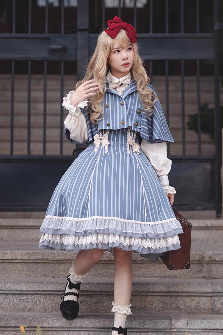 Blue Multi-layer Stripe Print Ruffle Sweet Lolita Jsk Dress