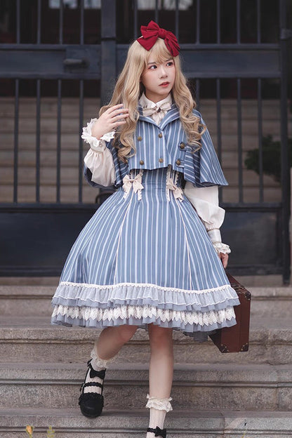 Blue Multi-layer Stripe Print Ruffle Sweet Lolita Jsk Dress