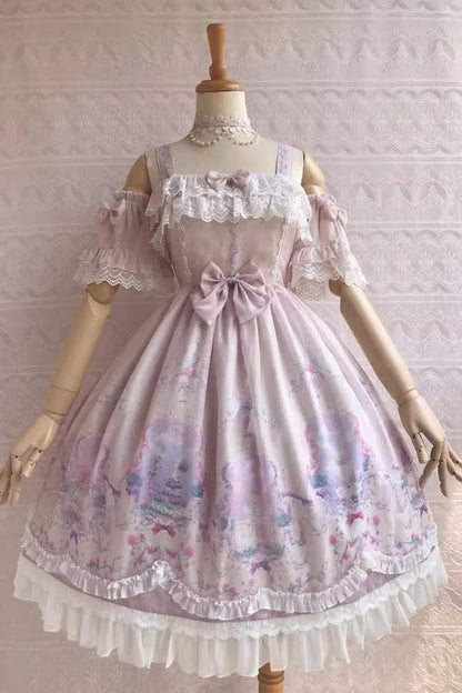 Sweetie Violet Unicorn's Secret Garden Print Ruffle Bowknot Sweet Lolita Jsk Dress 7 Colors
