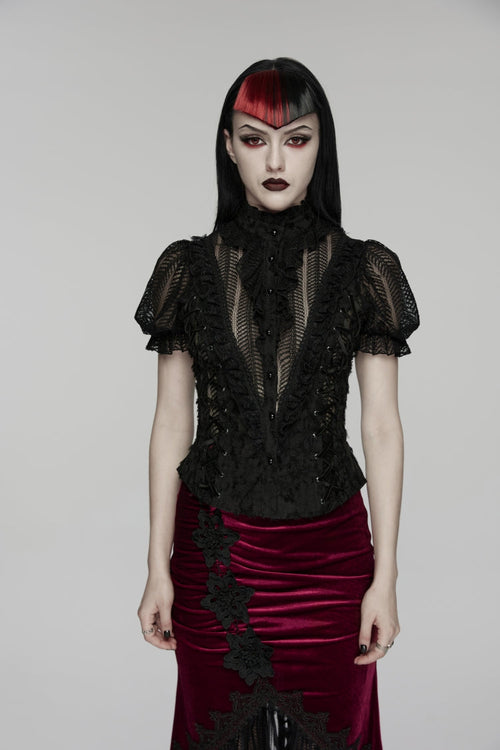 Black Stand Collar Short Sleeves Ruffled Cut-Out Embroidered Lace Women's Gothic Blouse