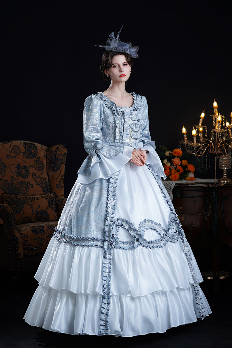 Blue Long Trumpet Sleeves Jacquard Ruffle Bowknot Princess Lolita Victorian Dress