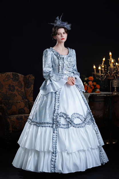 Blue Long Trumpet Sleeves Jacquard Ruffle Bowknot Princess Lolita Victorian Dress