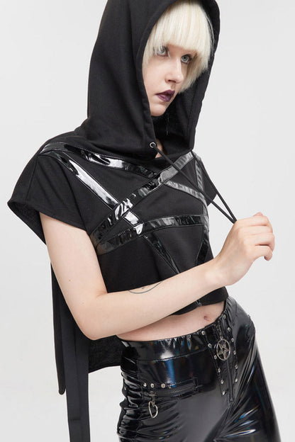 Black Short Front Long Back Stitched Shiny Leather Inverted Pentagram Shape Hoodie Short Sleeve Women's Punk T-Shirt