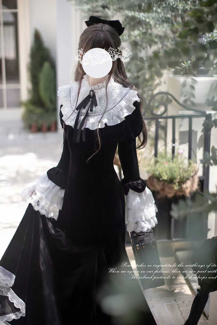 Black [Raven-Feather Poetic Letter] Velvet Long Hime Sleeves Ruffle Bowknot Gothic Elegant Lolita Fishtail Dress