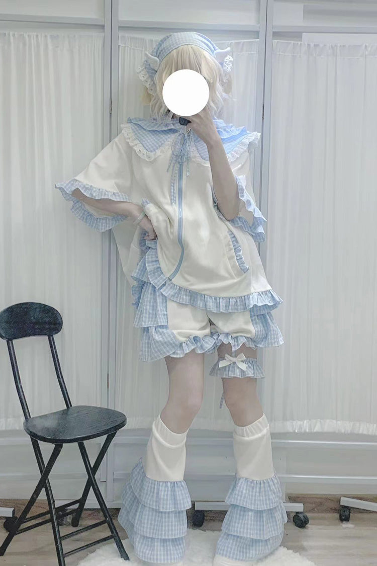 White/Blue [Heart Signal] Short Sleeves Plaid Print Jirai Kei Coat