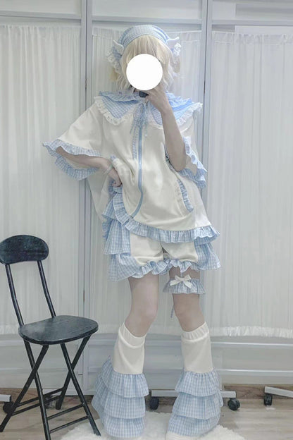 White/Blue [Heart Signal] Short Sleeves Plaid Print Jirai Kei Coat