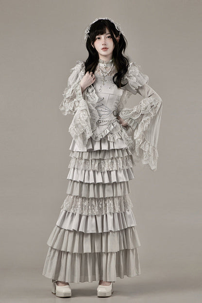 Solid Color [Bionic Doll] Square Collar Multi-Layered Ruffle Bowknot Lace-Up Gothic Lolita Fishtail Skirt Corset Set