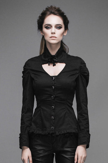 Black Vintage High Collar Elastic Slim Womens Gothic Blouse