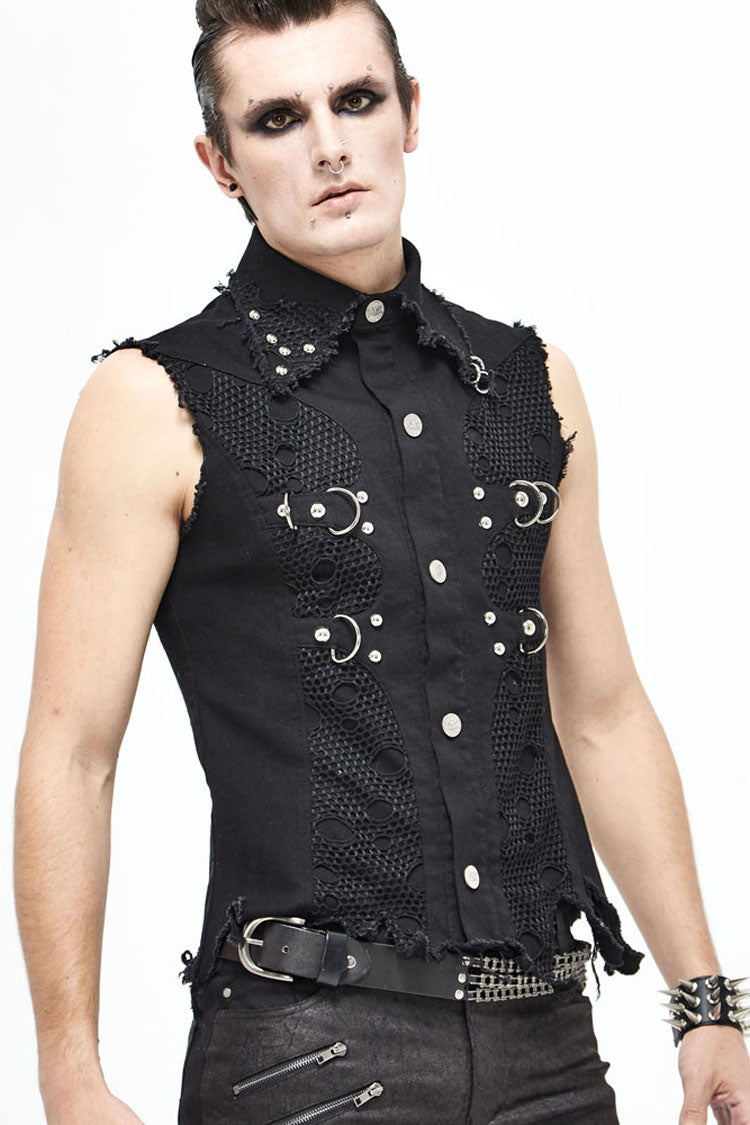Black Worn Out Twill Mesh Decoration Rough Selvedge Hem Heavy Metal Men's Punk Waistcoat