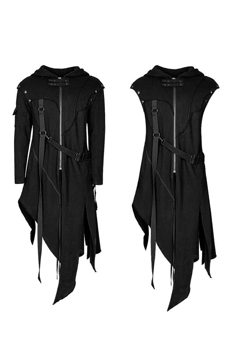 Black Strap Decoration Long Sleeves Irregular Hem Hooded Mens Steampunk Coat