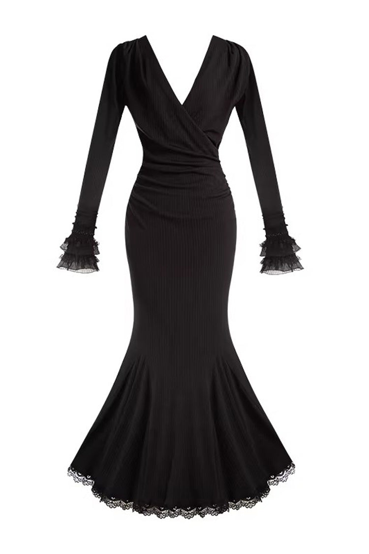 Black [Secret Crush] Long Sleeves Stretch Knit Slim Gothic Lolita Fishtail Dress