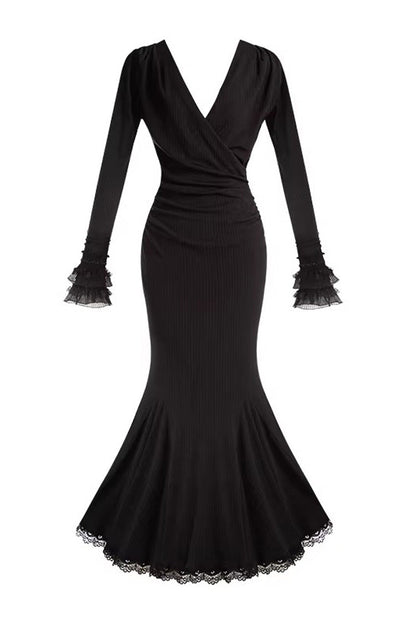 Black [Secret Crush] Long Sleeves Stretch Knit Slim Gothic Lolita Fishtail Dress