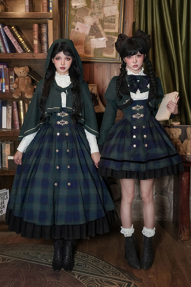 Blue/Green [Berlin's letter] Double-Layered Plaid Print Ruffle Bowknot Classic College Style Lolita Strap Dress Set 2 Versions