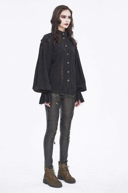 Black Stand Collar Lantern Sleeves Print Lace Women's Punk Blouse