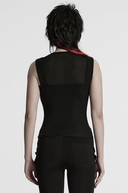 Black Sleeveless Plunging Stitching Mesh Women's Punk Vest