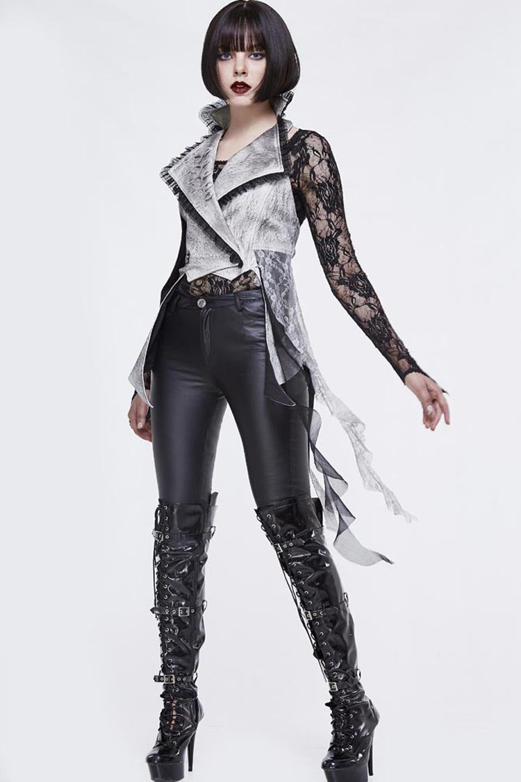 White Painted Back Lace Up Lace Hem Asymmetrical Women's Gothic Waistcoat