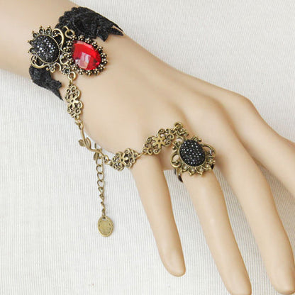 Black Vampire Retro Fashion Handmade Lace Ruby Female Party Gothic Lolita Ring Bracelet