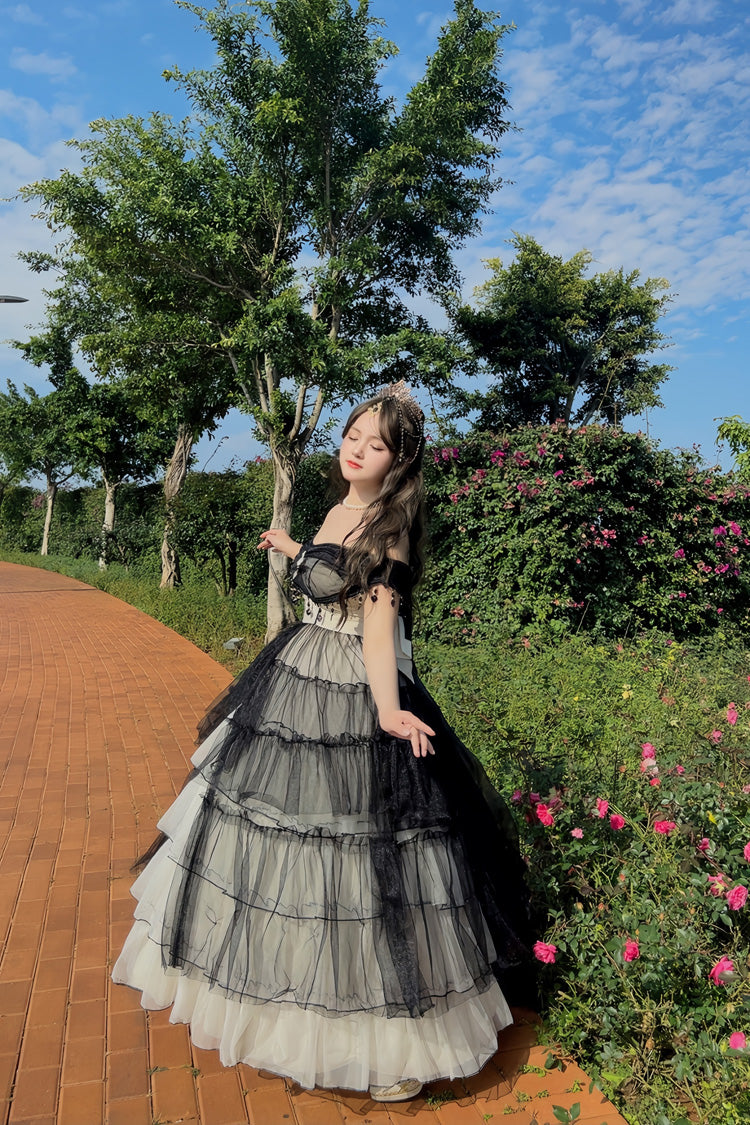 Black/White Ruffle Hanayome Lace Lace-Up Gothic Plus Size Lolita Jsk Dress (Long Version)