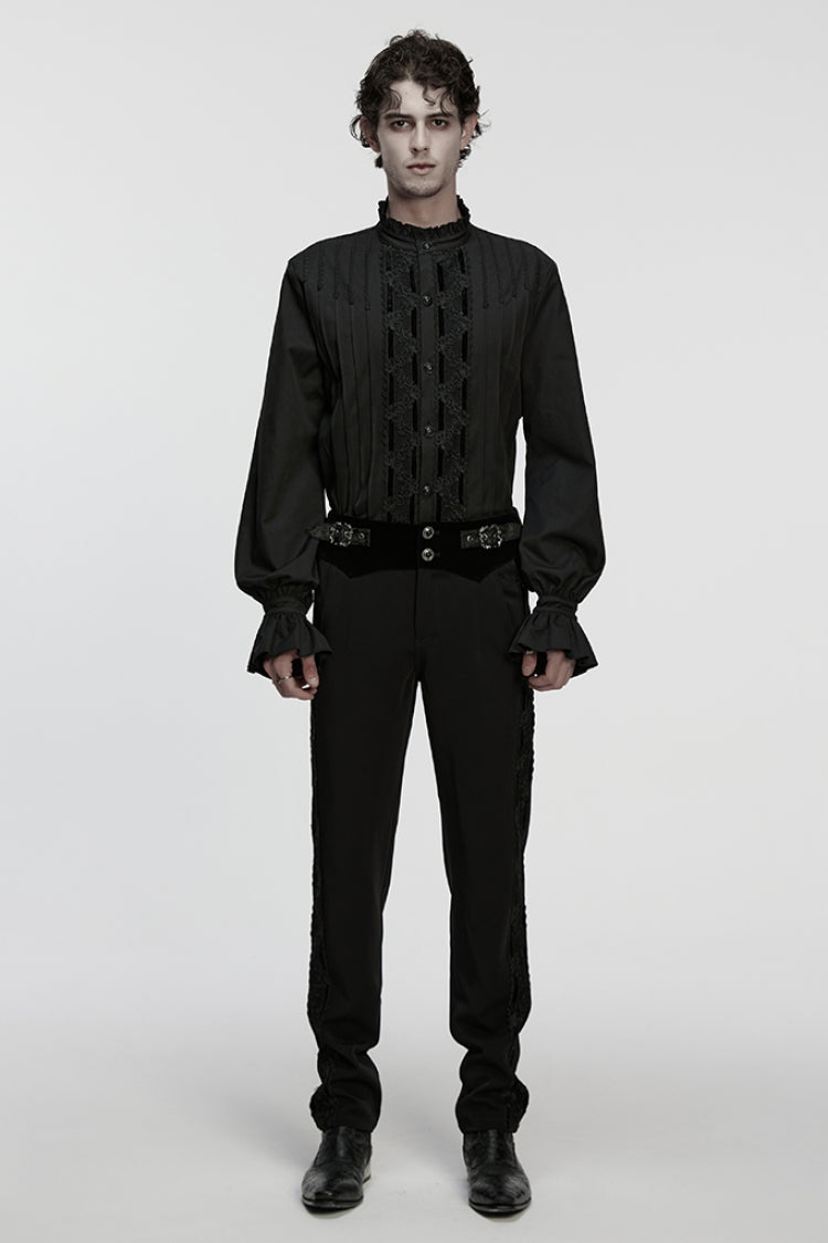 Black Stand Collar Long Sleeves Ruffle Embroidery Pleated Men's Gothic Blouse