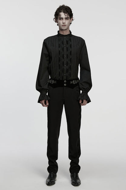 Black Stand Collar Long Sleeves Ruffle Embroidery Pleated Men's Gothic Blouse