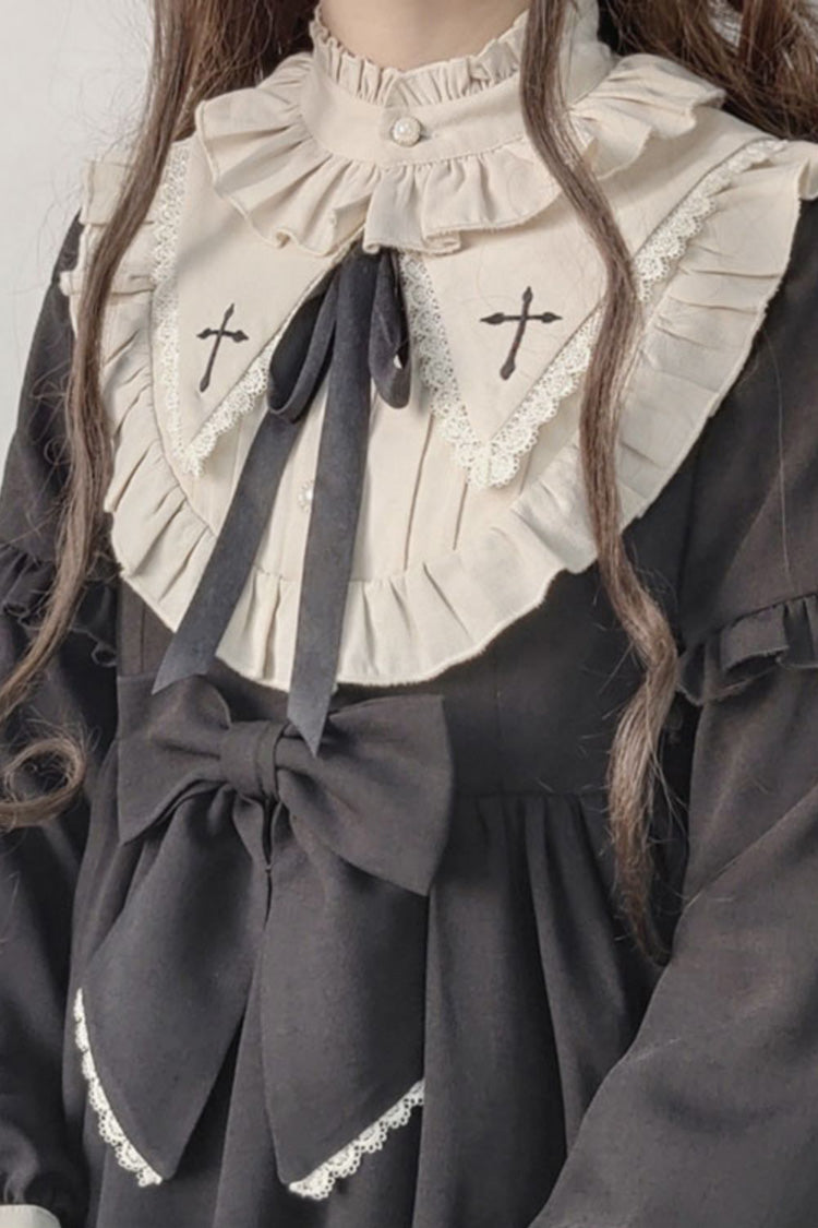 Black Round Collar Chest Bow Cross Print Ruffled Sweet Lolita Op Dress (Plus Size Version)