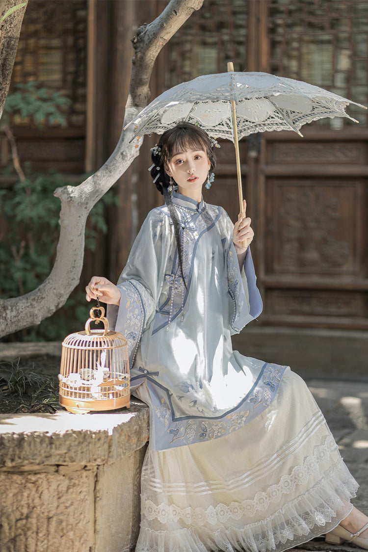 Blue [Flower Room] Stand Collar Long Sleeves High Waisted Printed Embroidered Women's Sweet Classic Hanfu Dress Set