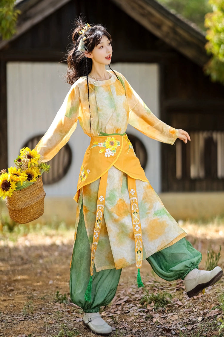 Yellow/Green Round Collar Long Sleeves Print Women's Sweet Hanfu Pants Full Set
