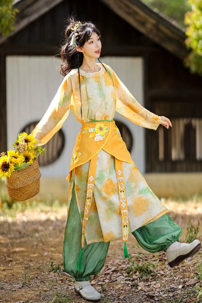 Yellow/Green Round Collar Long Sleeves Print Women's Sweet Hanfu Pants Full Set
