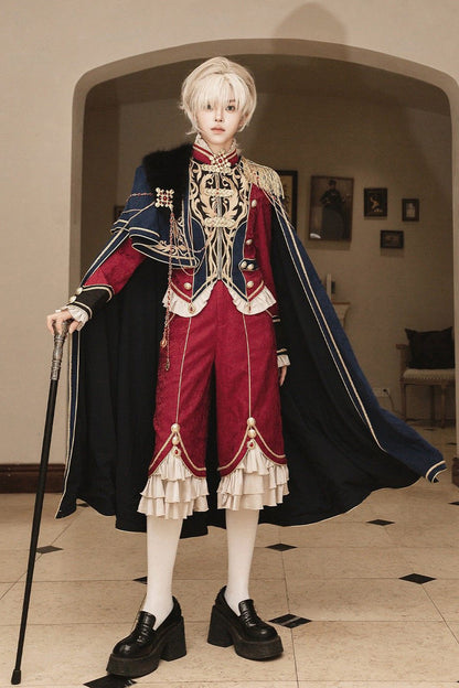 Red/Blue [Royal Glory] Stand Collar Long Sleeves Ruffled Embroidered Gothic Vintage Prince Palace Ouji Lolita Set
