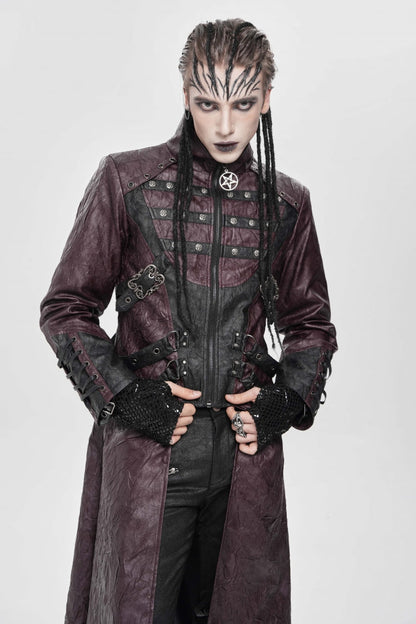Red Stand Collar Zipper Straps Eyelet Men's Punk Coat