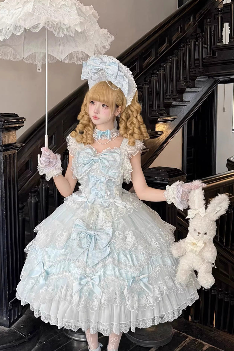 Blue [Sakura Dream Romance] Sleeveless Multi-Layered Ruffled Hanayome Bow Lace Sweet Princess Lolita Jsk Dress