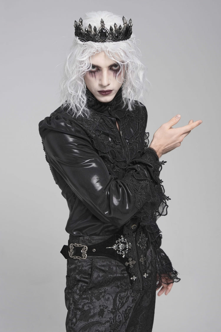 Black Stand Collar Long Puff Sleeves Embroidery Stitching Lace Men's Gothic Blouse