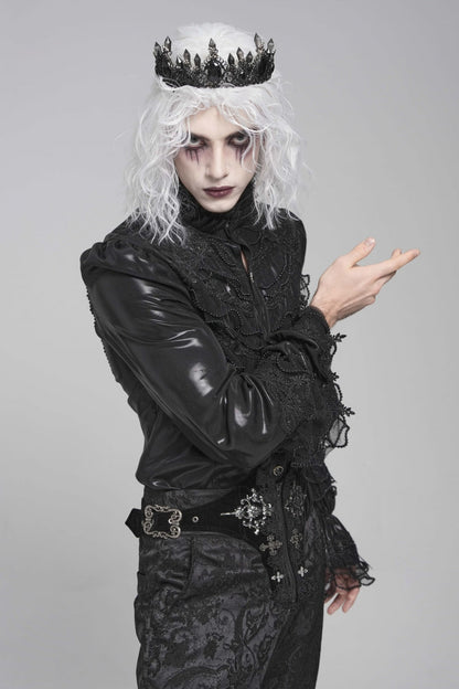 Black Stand Collar Long Puff Sleeves Embroidery Stitching Lace Men's Gothic Blouse
