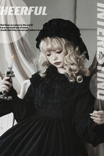 Black [Good Night] Long Sleeves Double-Layered Ruffle Bowknot Lace-Up Holy Gothic Lolita Dress