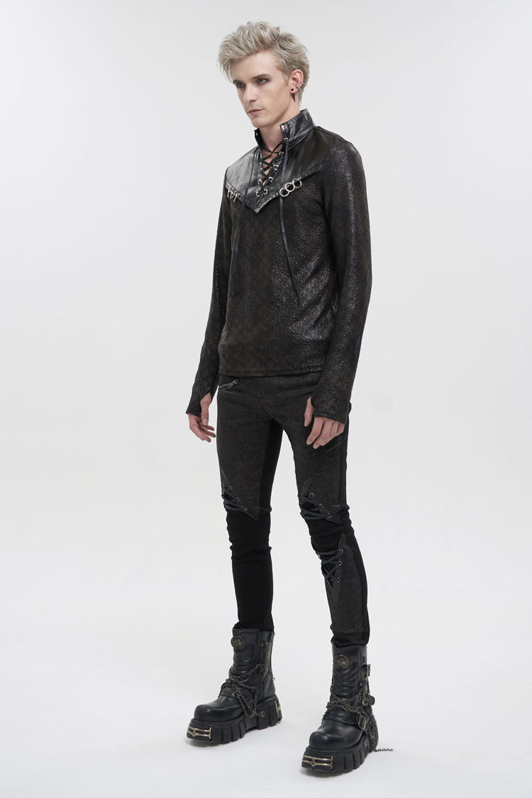 Black Stand Collar Long Sleeves Faux Leather Splice Men's Gothic Shirt