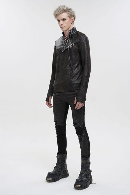 Black Stand Collar Long Sleeves Faux Leather Splice Men's Gothic Shirt