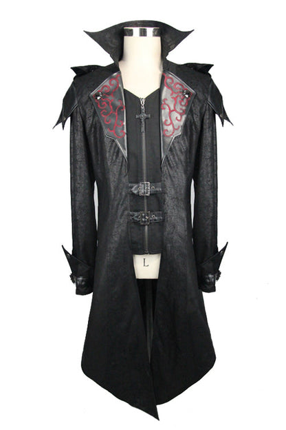 False Two Pieces Black Hooded Leather Long Mens Gothic Coats