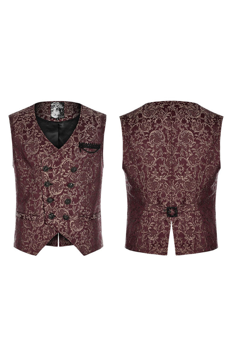 Red Punk Gorgeous V Neck Asymmetrical Relief Sculpture Jacquard Double Row Hand Seam Button Men's Vest