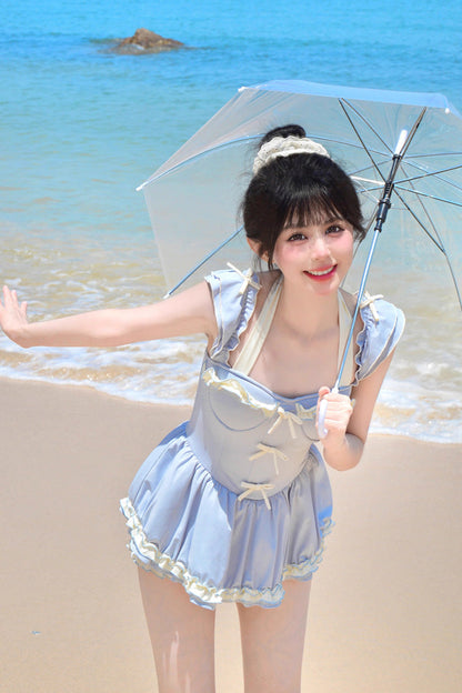 Blue Halterneck Ruffle Bowknot Sweet College Style Lolita One-piece Swimsuit