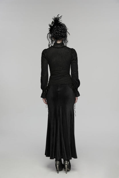Black Stand Collar Long Sleeves Lace Lace-Up Slim Women's Gothic Blouse
