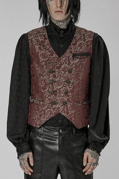 Red Punk Gorgeous V Neck Asymmetrical Relief Sculpture Jacquard Double Row Hand Seam Button Men's Vest