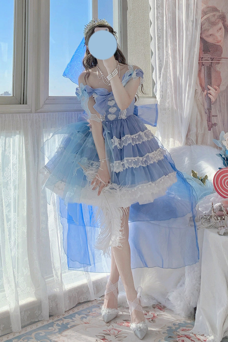 Blue Multi-Layered Ruffled Hanayome Bow Pearl-Decorated Sweet Lolita Jsk Dress Full Set 2 Versions