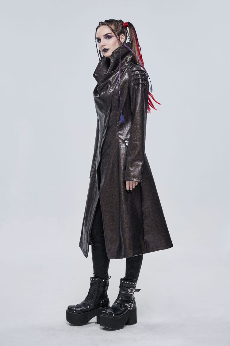 Brown Large Neckline Design Shoulder String Decoration Long Leather Women's Punk Jacket