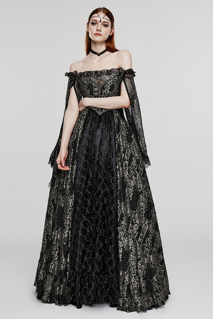 Black/Gold Boat Neck Off Shoulder Print Hollow Stitching Mesh Women's Gothic Dress