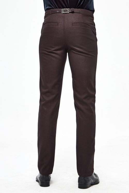 Brown Twill Suit Material Side Pocket Floral Shaped Webbing Gothic Mens Pants