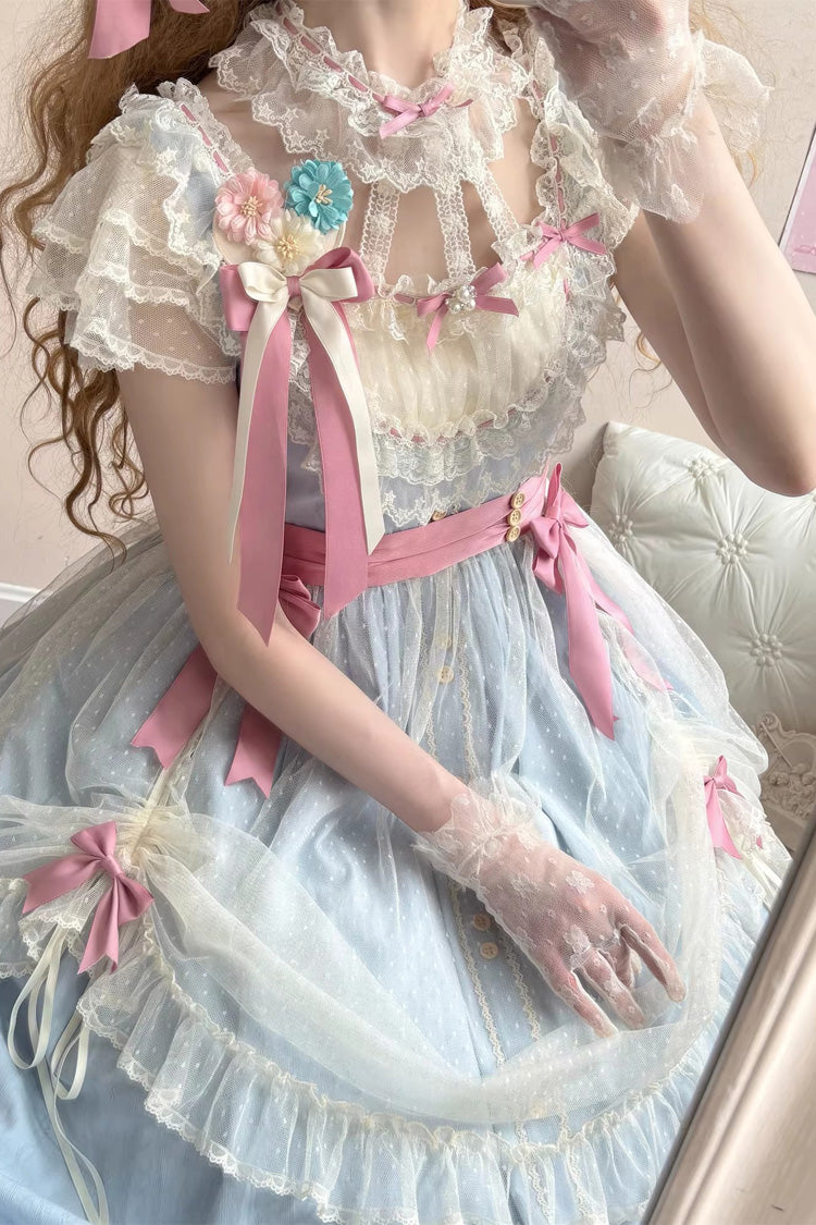 Blue [Sakura’s Spring Resonance] Sleeveless Ruffled Bow Sweet Lolita Jsk Dress (Long Version)