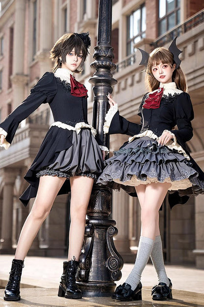 Black [Eternal Night Feast] Multi-Layered Ruffle Lace Gothic Princess Lolita Top and Skirt Set