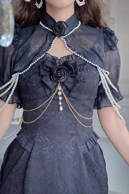Black [Camellia 1.0] Sleeveless Jacquard Ruffle Lace Gothic Chinese Style Lolita Jsk Fishtail Dress