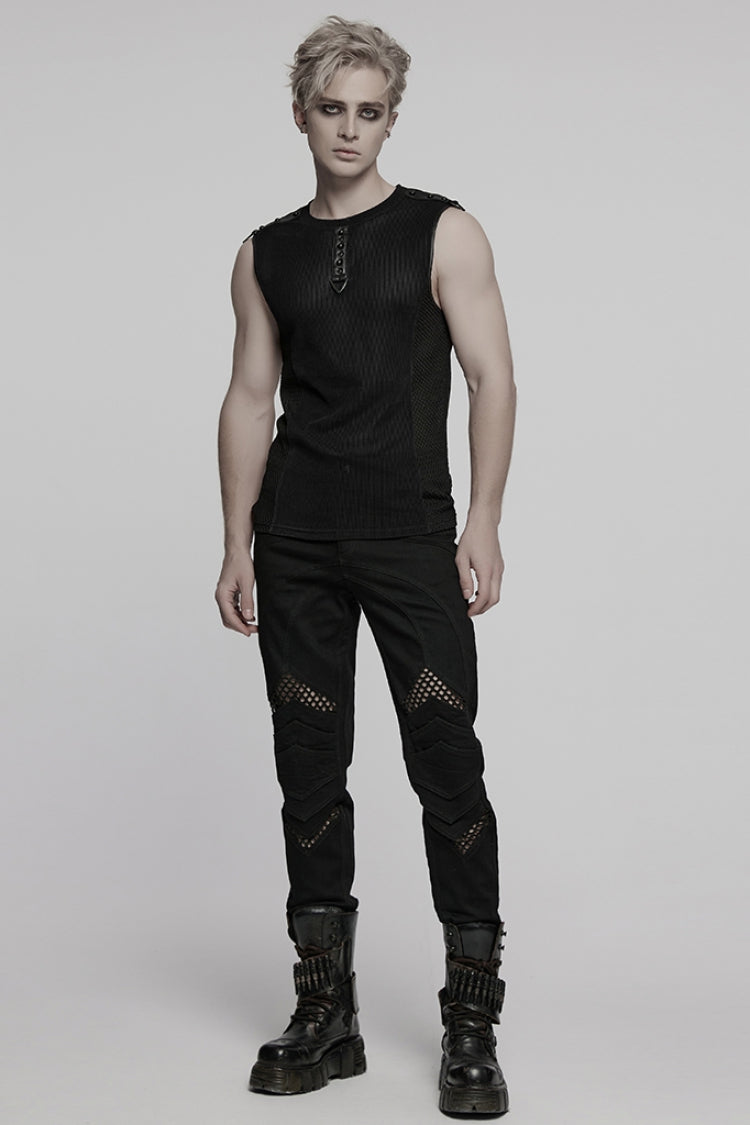 Black Round Collar Sheer Mesh Color Matching Rivet Men's Punk Vest